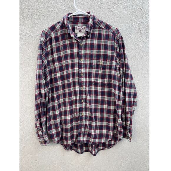 Mens Wrangler Flannel Shirt Large Rugged Wear Red Plaid Long Sleeve Button Up - Picture 1 of 8
